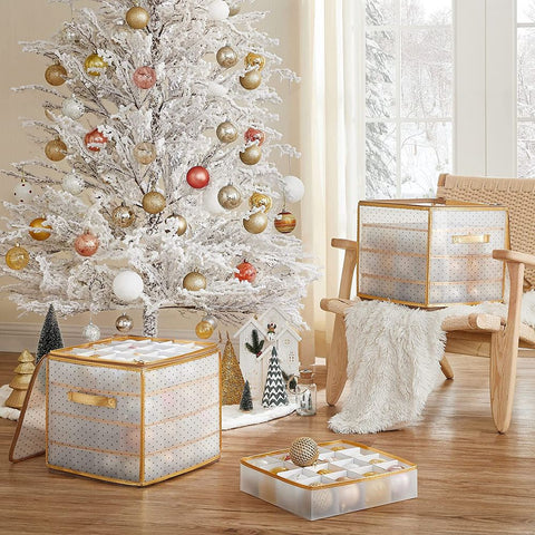 Rootz Opbergdoos voor kerstballen - Kerstsfeer - Gemakkelijke toegang - Flexibele opslag - Insteekvakken - Pp-kunststof - Karton - Semi-transparante goudkleur - 34,5 x 34,5 x 34 cm (L x B x H)