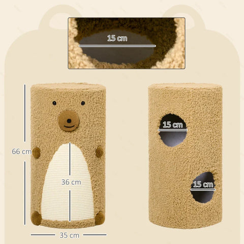 Rootz Bear Design Scratching Barrel - Cat Tower - 2 Cat Caves - 1 Scratching Surface - Chipboard - White + Brown - 35L x 35W x 66H cm