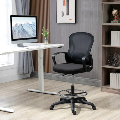 Rootz Office Chair - Drawing Chair - Modern Design - Footrest - Computer Chair - Height Adjustable - 5 Wheels - Mesh+plastic - Black - 59L x 65W x 103-123H cm