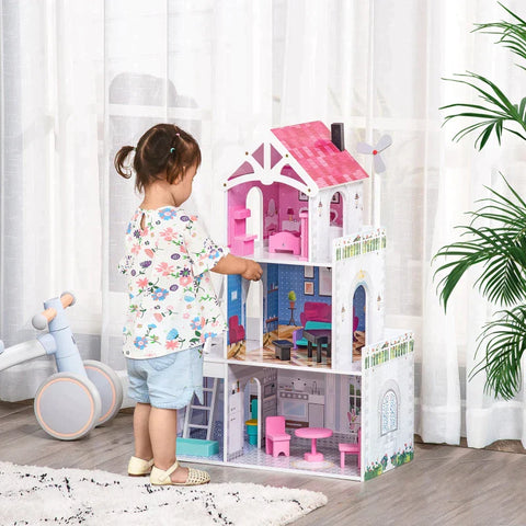Rootz Wooden Dollhouse - Kids Dollhouse - Dreamhouse Villa - With Furniture Accessories - Pink - 60 x 29 x 85 cm