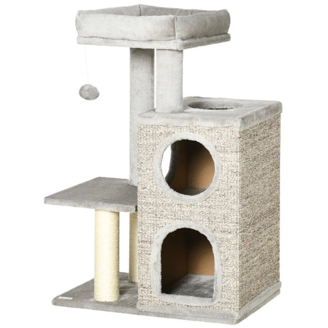 Rootz Scratching Post - Cat Tree - Cat Cave - Cat Bed - With Ball Toy - Light Gray/Natural - 60cm x 40cm x 91cm