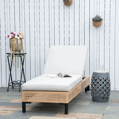Rootz Gartenliege – Loungesessel – Sonnenliege – Balkonliege – PE Rattan – Polyester – Natur + Beige – 65 x 200 x 31 cm