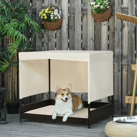 Rootz Rattan Dog Kennel - Rattan Dog House - With Roof - Dog Lounger - Dog House - Pet Bed - Dog Bed - Dog Basket - Dog Sofa Dog - Coffee/Beige - 91 x 71 x 81 cm