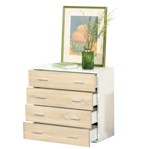 Rootz Drawer Cabinet -  Bathroom Cabinet - Chest Of Drawers With 4 Drawers - Bedroom - Living Room - White/Oak - 76 x 35 x 72 cm