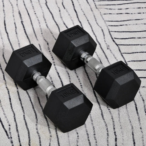 Rootz 2x10 kg Hexagonal Dumbbells - Rubber Dumbbell - Knurled Handle - Sports Hex Weights Sets - Weight Lifting Exercise - Home - Gym - Black