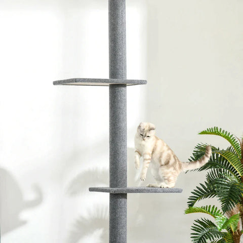 Rootz Krabpaal - Plafond Hoog - In Hoogte Verstelbaar - Krabpaal - Klimboom voor katten met 3 niveaus - Kattenkrabpaal - Speelboom van vloer tot plafond - Grijs - 43L x 27W x 228-260H cm