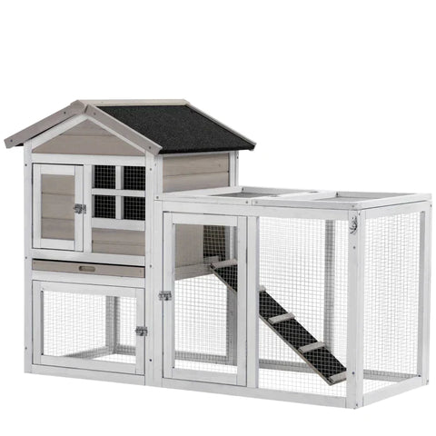 Rootz 2 in 1 Wooden Rabbit Hutch - Double Main House Guinea Pig Cage - Bunny Run - Small Animal House with Run Box - Slide-out Tray - Ramp - Grey - 259 x 64 x 92cm