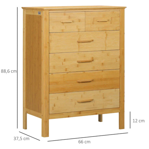 Rootz Drawer Cabinet - Dresser With Drawers - 6 Drawer Chest - Natural - 66cm x 37.5cm x 88.6cm