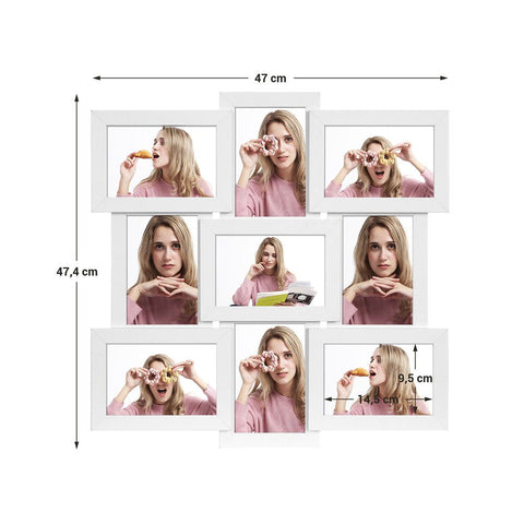 Rootz Set van 10 fotolijsten - Fotolijstcollage voor 9 foto's - Lijst met meerdere foto's - Wandmontage - MDF - Glas - Wit - 47,4 x 2,4 x 47 cm (L x B x H)