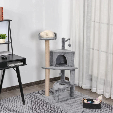 Rootz Cat Tree - Scratching Post With Play Balls - Cat House - Jute Column - Grey - L50x W40 x H112 cm