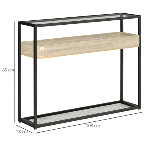Rootz Console Table - Free-standing Shelve - Industrial Design With Glass Surface - 2 Shelves - Steel - Glass - Black - 108 cm x 28 cm x 85 cm