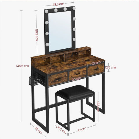 Rootz Kaptafel - Met LED-lampen en krukje - Cosmetische tafel - Ladeverdeler - Make-up kaptafel - Dressoir met spiegel - Slaapkamermake-uptafel - Spaanplaat - Staal - Vintage Bruin-zwart - 90 x 40 x 145,5 cm (L x B x H)