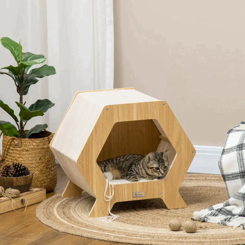Rootz Cat Cave Including Washable Cushions - Modern Design - Natural + White + Beige - 49.5 cm x 38.5 cm x 43.5 cm