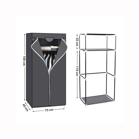 Rootz Cloth Cabinet - Folding Wardrobe - Wardrobe Closet - Fabric Wardrobe - Grey - 75 x 45 x 160 cm