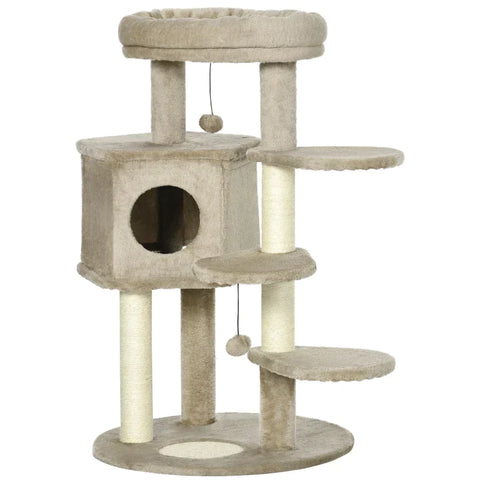 Rootz Cat Tree - Scratching Post With 1 Cat Cave - Cat House - Bed And Toy Ball -  Brown + Cream White - 55 cm x 55 cm x 94 cm
