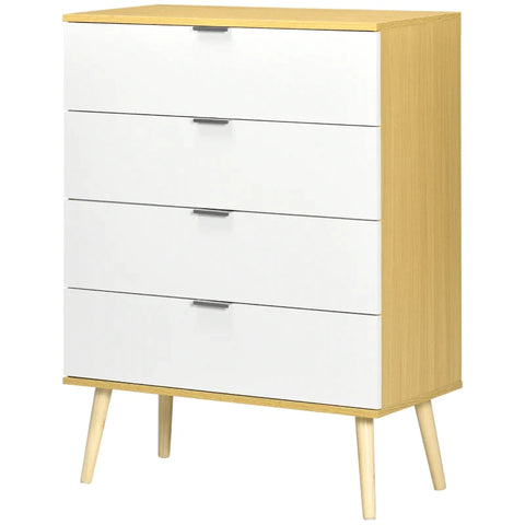 Rootz Chest Of Drawers - Dresser With Drawers - 4-drawer - Storage Organiser Unit - With Pine Wood Legs - White/Natural - 72 cm x 36 cm x 97 cm