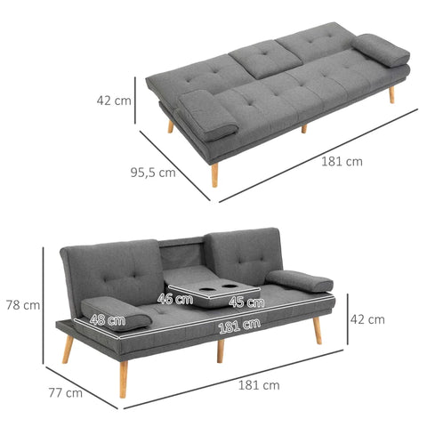 Rootz Sofa Bed - Scandi Design - Comfortable+Pretty - 3 Seater - 2 Cushions - Lie Down - Dark Gray + Natural - 181W x 48D x 42H cm