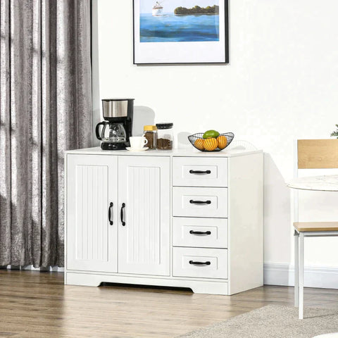Rootz Sideboard - Storage Cabinet - Country-style Sideboard With 4 Drawers And 1 Cupboard - Dining Room - Kitchen - Living Room - White - 105 cm x 40 cm x 76 cm