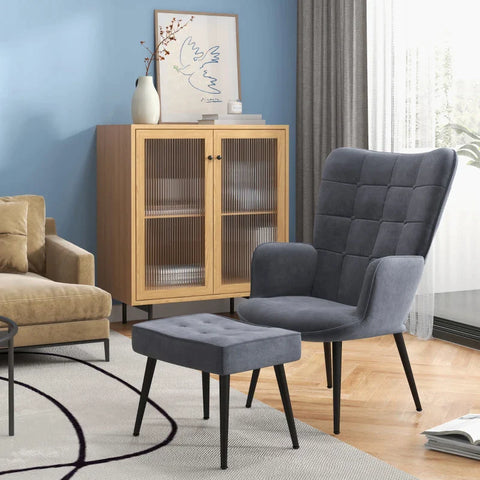 Rootz Armchair - Ottoman - Relaxation Armchair - Button Stitching - Velvet Fabric - Black Steel Legs - Steel Frame - Dark Gray - 71L x 77W x 99H cm