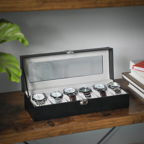 Rootz Horlogebox - Met Glazen Deksel En Slot - Horlogeorganizer Met Glazen Bovenblad - Vitrine Voor 6 Horloges - MDF - Fluweel - PU - Glas - Zwart-Grijs - 30 x 11,2 x 8 cm (L x B x H)