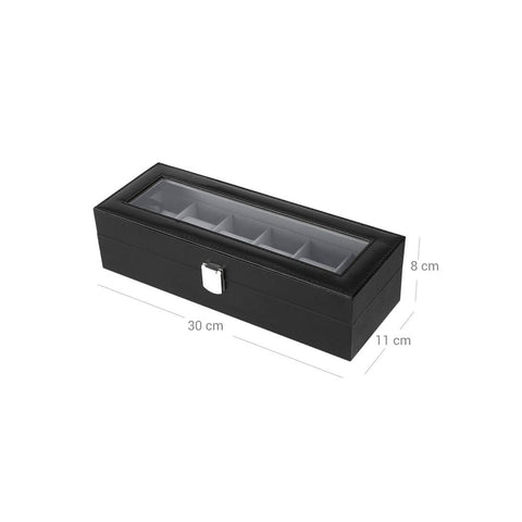 Rootz Horlogebox - Met Glazen Deksel En Slot - Horlogeorganizer Met Glazen Bovenblad - Vitrine Voor 6 Horloges - MDF - Fluweel - PU - Glas - Zwart-Grijs - 30 x 11,2 x 8 cm (L x B x H)
