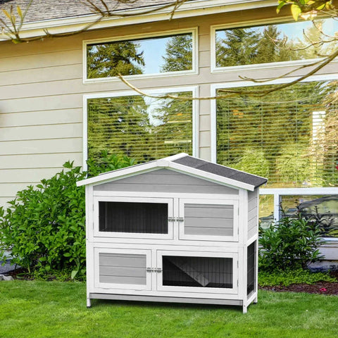 Rootz Knaagdierenhok - Knaagdierkooi - Caviahok - Ontwerp met 2 niveaus - Dennenhout - Grijs + Wit + Zwart - 121,5 x 57 x 104,5 cm