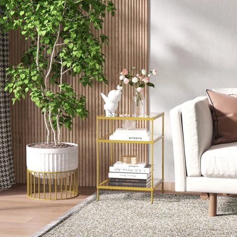 Rootz Side Table -  Coffee Table - Bedside Table - With 3 Glass Shelves - With Steel Frame - Tempered Glass/Steel - Gold - 40 x 40 x 60 cm