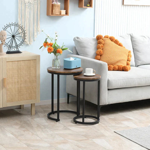 Rootz Set Of 2 Side Tables - Industrial Design - Stackable - Rustic Wood Grain - Metal Frame - Living Room - Brown + Black - 40 cm x 40 cm x 56 cm