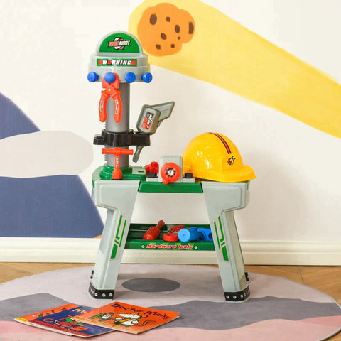 Rootz Children's Workbench With Tools - Work Table - Workbench Table With 37 Accessories - Role Play Toy For Children - Pp Plastic - Green/Grey - 44 x 26 x 71 cm
