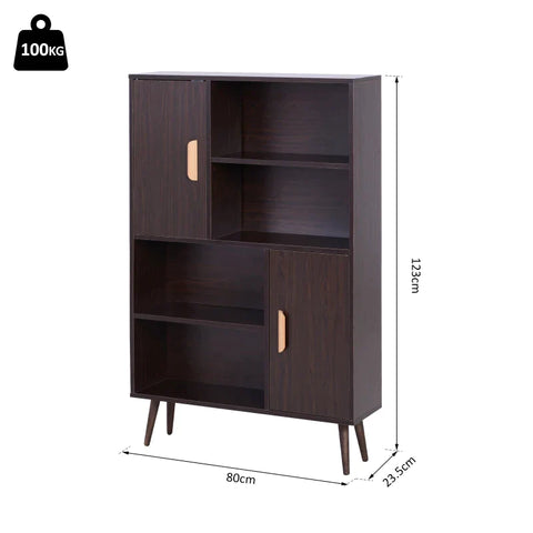 Rootz Standing Shelf - Sideboard -  Bookshelf - Free Standing Bookcase Shelves - Storage Cabinet - Wooden Leg - 2 Doors 5 Compartments - Walnut - 80 cm x 23.5 cm x 123 cm