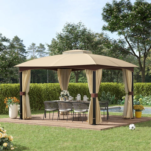 Rootz Gazebo - Garden Pavilion - Garden Tent - Marquee Party Tent With 4 X Side Walls Mosquito Net - Breathable - Double Roof - Metal - Polyester - Khaki + Brown - 3.95L x 3.28W x 3.33H w