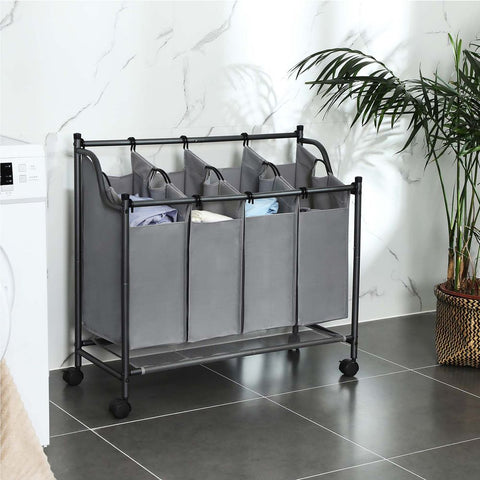 Rootz Laundry Basket On Wheels - 4 Pockets - Laundry Hamper - 4 Removable Fabric Bags - Rolling Laundry Hamper - 4-section Laundry Cart - 600D Polyester - Gray - 87.5 x 38.5 x (67-81) cm (L x W x H)