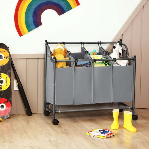 Rootz Laundry Basket On Wheels - 4 Pockets - Laundry Hamper - 4 Removable Fabric Bags - Rolling Laundry Hamper - 4-section Laundry Cart - 600D Polyester - Gray - 87.5 x 38.5 x (67-81) cm (L x W x H)