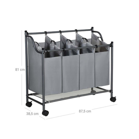 Rootz Laundry Basket On Wheels - 4 Pockets - Laundry Hamper - 4 Removable Fabric Bags - Rolling Laundry Hamper - 4-section Laundry Cart - 600D Polyester - Gray - 87.5 x 38.5 x (67-81) cm (L x W x H)