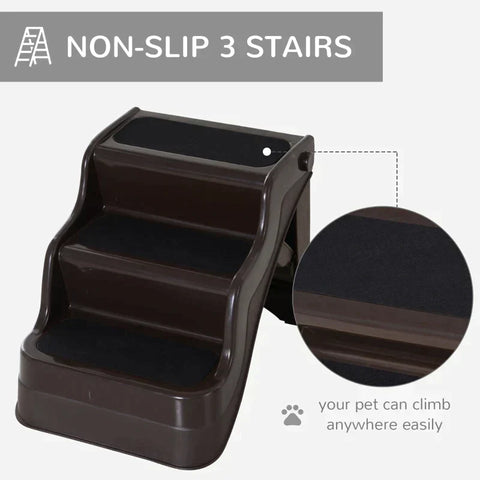 Rootz Dog Stairs - Cat Stairs - Pet Stairs - 3 Steps Foldable - 3 Steps Ramp - Dark Brown - 39x49x39cm