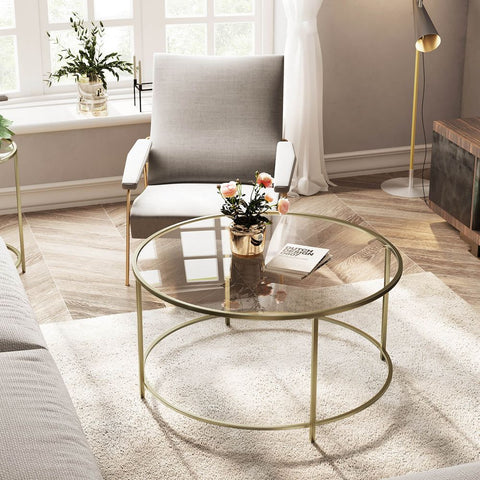 Rootz Coffee Table - Round Coffee Table With Glass Surface - Round Side Table - Metal Leg Side Table - Stylish Round Side Table - Tempered Glass - Gold - 84 x 84 x 45.5 cm ((L x W x H)