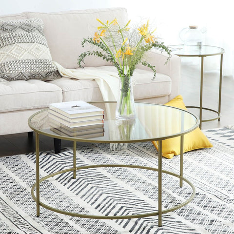 Rootz Coffee Table - Round Coffee Table With Glass Surface - Round Side Table - Metal Leg Side Table - Stylish Round Side Table - Tempered Glass - Gold - 84 x 84 x 45.5 cm ((L x W x H)