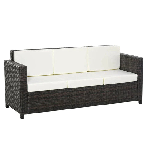 Rootz Poly Rattan Sofa - Rattan Sofa with Cushions - 3 Seater - Garden Lounge Sofa - Metal - Polyester - Brown/White - 185 x 70 x 80 cm