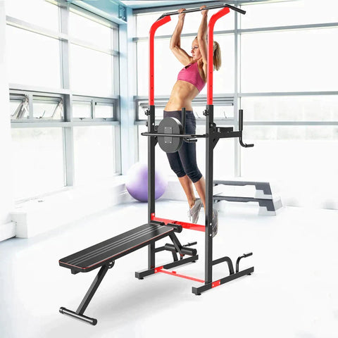 Rootz Power Tower Dip Station – Power Tower Station – Klimmzugstange – Fitnessgeräte – Schwarz/Rot – 94 x 174 x 180–230 cm