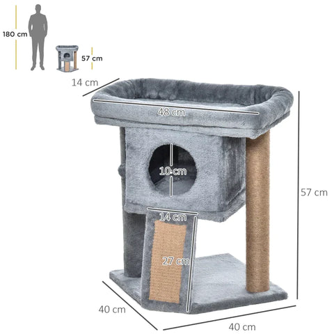 Rootz Cat Tree - Cat Tree with Jute Scratch Mat - Hanging Ball - Scratcher Board - Cat Furniture with Door Hole - Pet Furniture - Light Grey - 40 x 40 x 57 cm