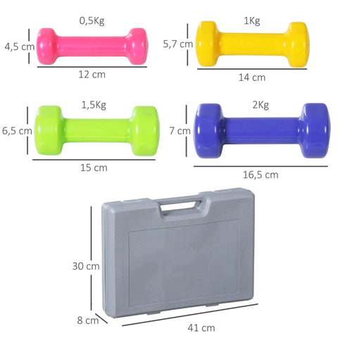 Rootz Dumbbell Set - 4 Pairs Of Dumbbells With Case - Iron + Plastic - Red + Yellow + Green + Purple - 41L x 30W x 8H cm