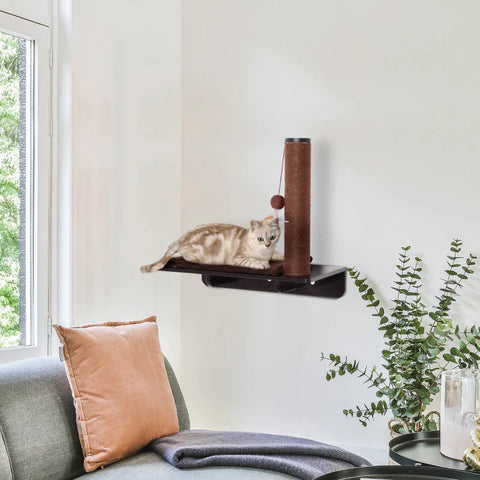 Rootz Climbing Wall Cats - Cat Lounger - Wall Scratching Post - Scratching Post Lounger - 53cm Cat Shelf - Cat Shelf With Ball Toy - Wall-mounted Cat Toy - Durable Cat Scratching Post - Cat Relaxation Shelf - Luxury Cat Wall Furniture - Brown