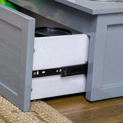 Rootz Feeding Station - Elevated Feeding Station - 2 Feeding Bowls Each 2 Liters - Stainless Steel  - With Drawer - For Medium-sized Dogs - Grey - 60 x 30 x 24cm