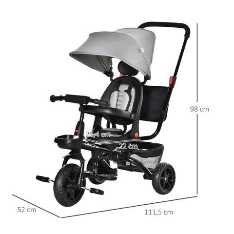 Rootz Tricycle - 4-in-1 Children's Tricycle - Children's Bike - Tricycle With Push Rod Rotating Seat - Foldable Removable Children's Car - Grey - 111.5 x 52 x 98 cm