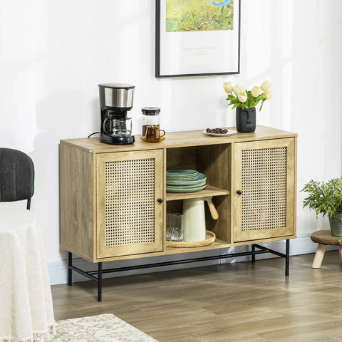 Rootz Kitchen Cabinet - Boho Design - Sideboard - 2 Open Shelves - 2 Cupboards - Steel - Natural + Black - 120L x 38W x 76.2H cm
