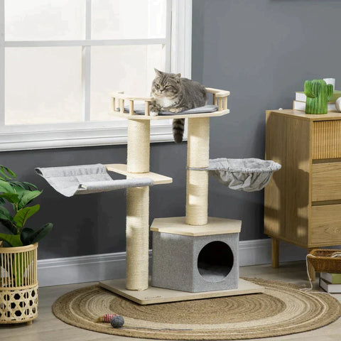 Rootz Kratzbaum – Haus mit 2 Hängematten – umrandete Plattform – waschbare Kissen – Grau – 59,5 x 45 x 89 cm