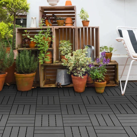 Rootz Patio Tiles - Floor Tiles - Set Of 9 Floor Tiles - Click Mechanism - Wood Grain - Black - 30 x 30 x 2 cm