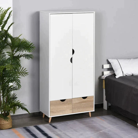 Rootz Wardrobe - Wardrobe With Rod Drawer - Living Room - Bedroom - White/Natural - 80 x 40 x 180 cm