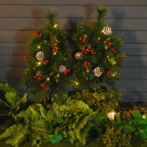 Rootz Christmas Trees - Set Of 2 Christmas Trees -  Mini Artificial Christmas Tree - Pine Cone And Red Berry - Baubles And Warm - White Led Lights - Green