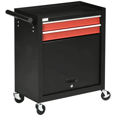 Rootz Workshop Trolley - Tool Trolley - Cabinet - 4 Wheel 2 Drawer 1 Cabinet - Steel - Red/Black - 62cm x 33cm x 74cm